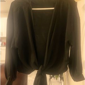 Black Satin Blouse tie and open in front .